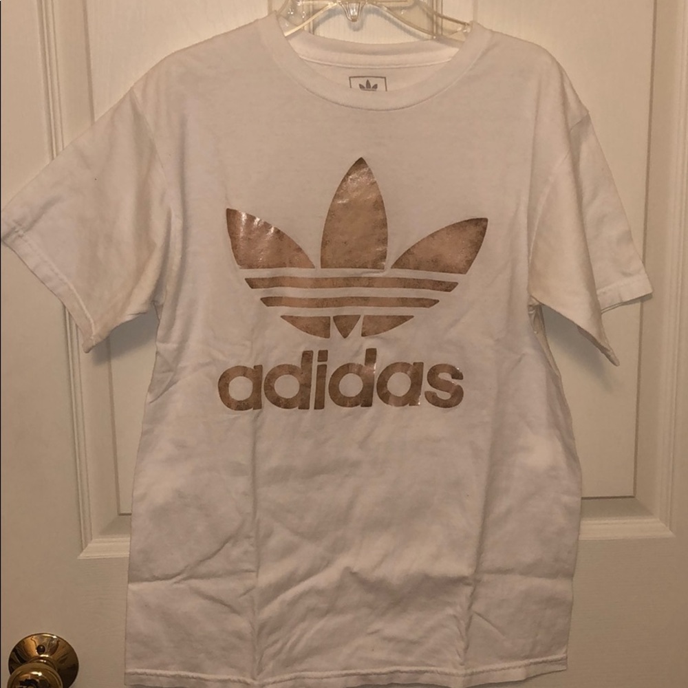Adidas rose gold foil tshirt. Urban outfitters.